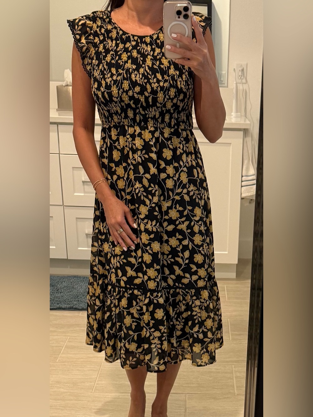 Lost + Wander Black and Yellow Floral Smocked Midi Dress